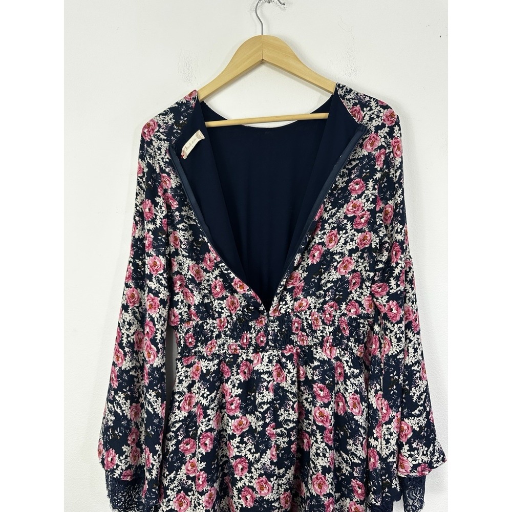 Altar'd State Floral Dress Womens Large Navy Pink Bell Sleeve Smocked Lace Boho - Picture 8 of 10